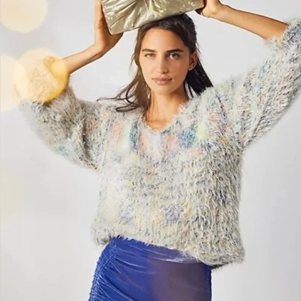 Free People oversized Cozy Multicolor Fuzzy Sweater - size large - Picture 2 of 6